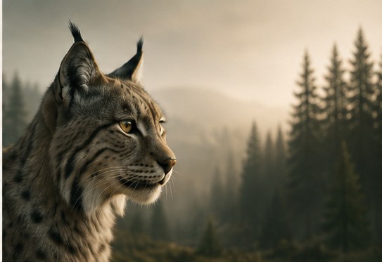 A lynx watching quietly over a misty Nordic forest